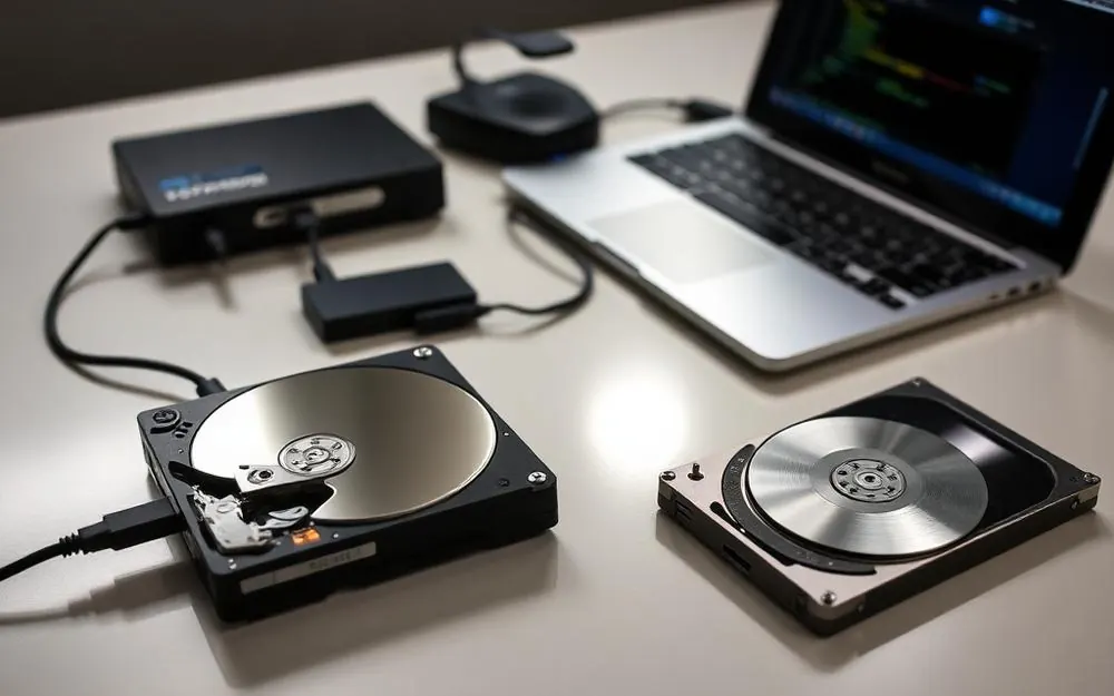 Data recovery setup with an external hard drive connected to a laptop