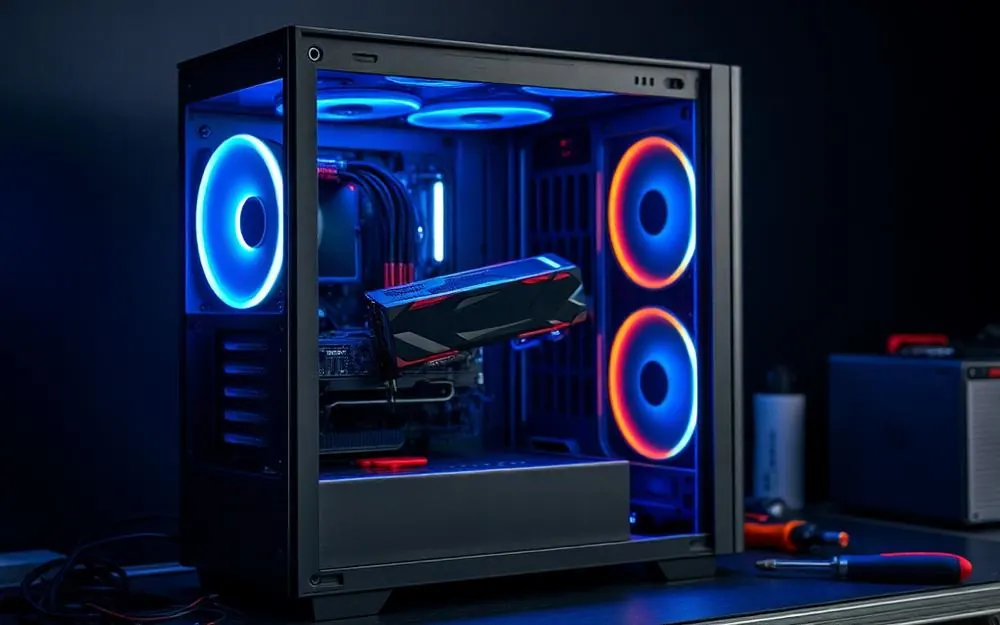 Gaming PC on a repair workbench with a graphics card being installed