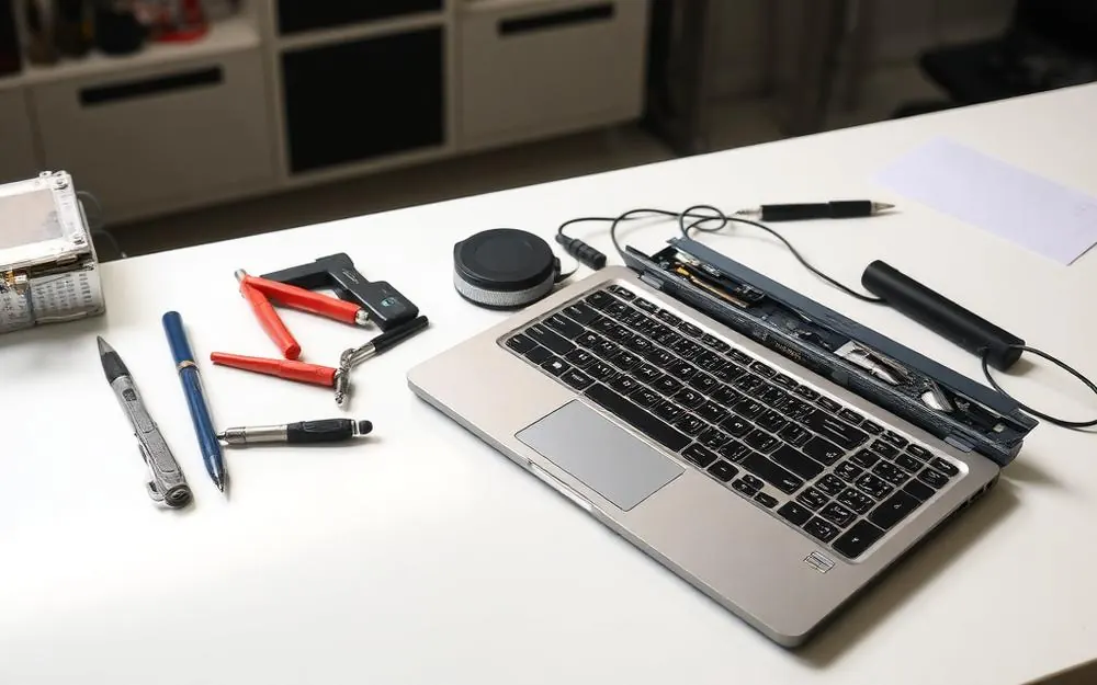 Laptop repair setup with a partially disassembled laptop and tools for PC Pick N Fix in Vienna, VA