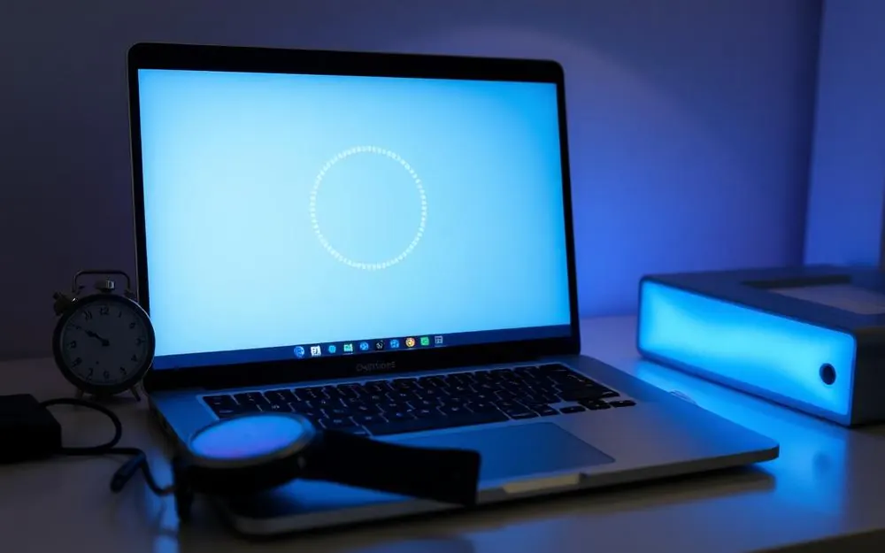 Slow laptop showing a loading indicator during a performance diagnostic