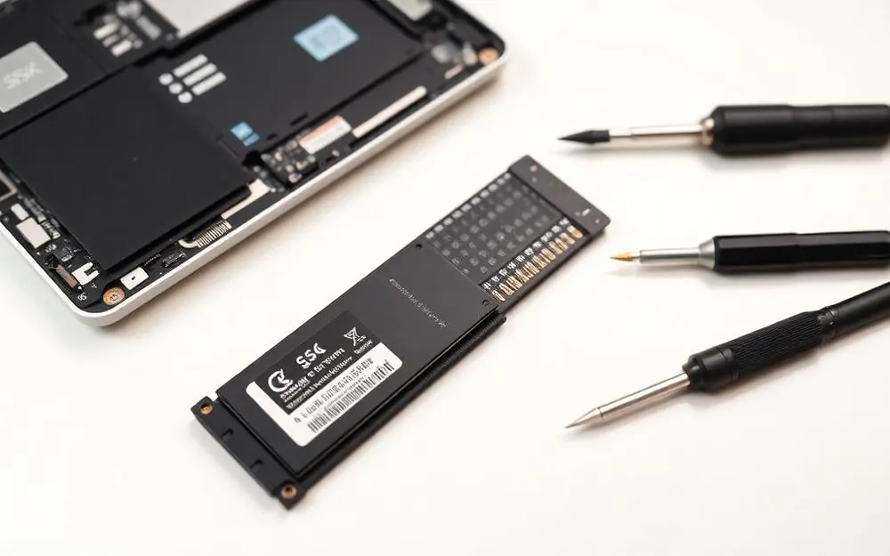 SSD and RAM upgrade parts with precision screwdrivers beside an open laptop