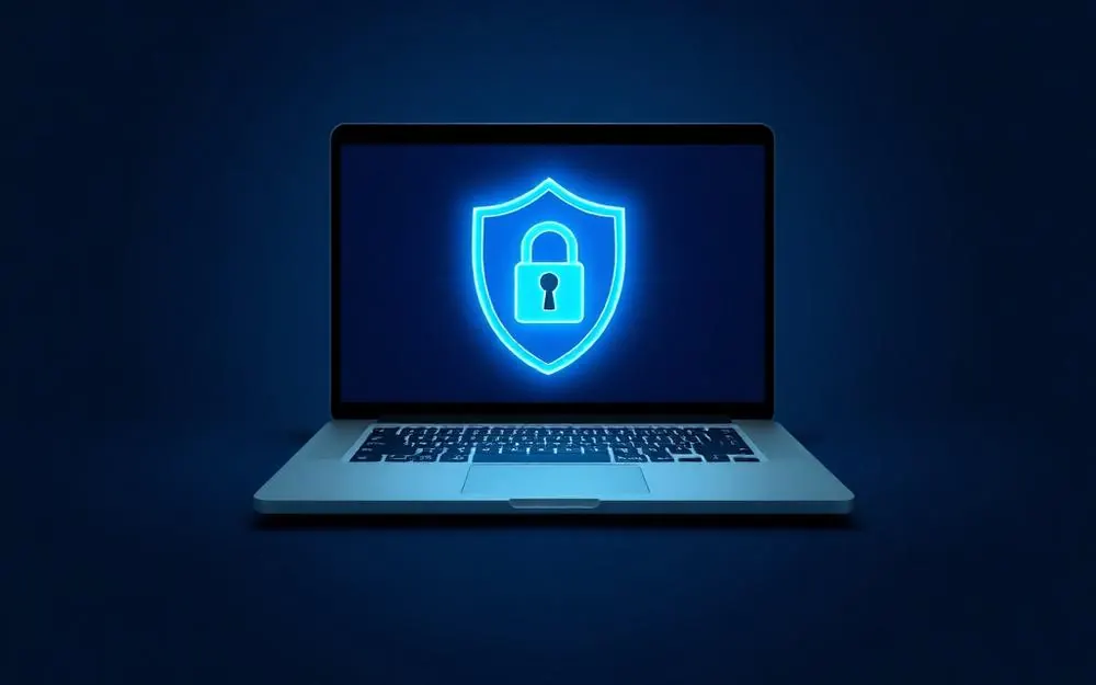 Laptop with a security shield icon representing virus and malware removal support