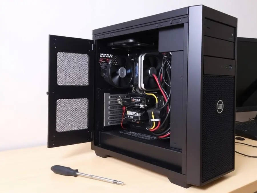Desktop computer tower opened on a workbench with a screwdriver nearby